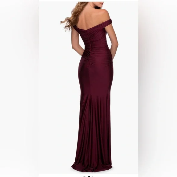 La Femme Off Shoulder Trumpet Gown, Wine color, Size 10, $328